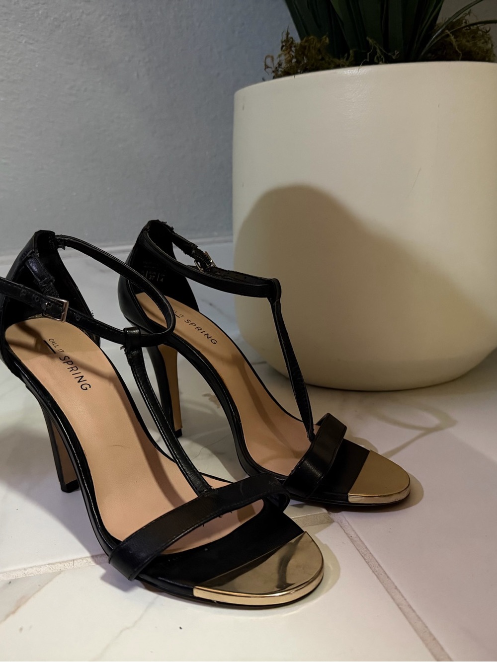 Call It Spring Black Strappy High Heels with Gold Toe Accent